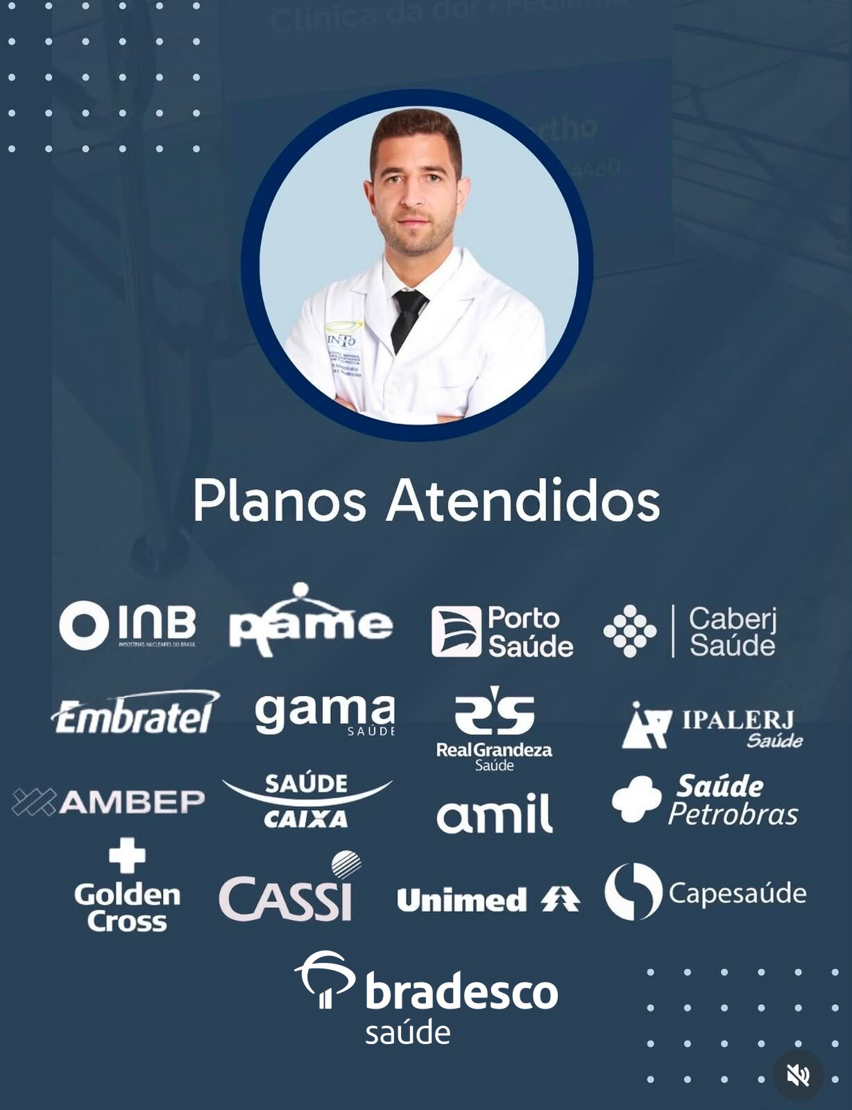 Lista de planos de saúde atendidos: INB, PAME, Porto Saúde, Caberj Saúde, Embratel, Gama Saúde, Real Grandeza Saúde, IPALERJ Saúde, AMBEP, Saúde Caixa, Amil, Saúde Petrobras, Golden Cross, CASSI, Unimed e Capesaúde